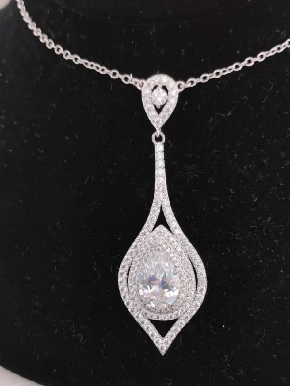 SALE! Fine Silver Plated Teardrop Sparkling CZ Diamond Statement Necklace - Picture 3 of 11